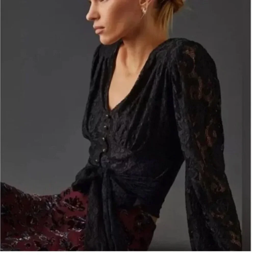 By Anthropologie Balloon-Sleeve Lace Wrap Blouse Black Small
